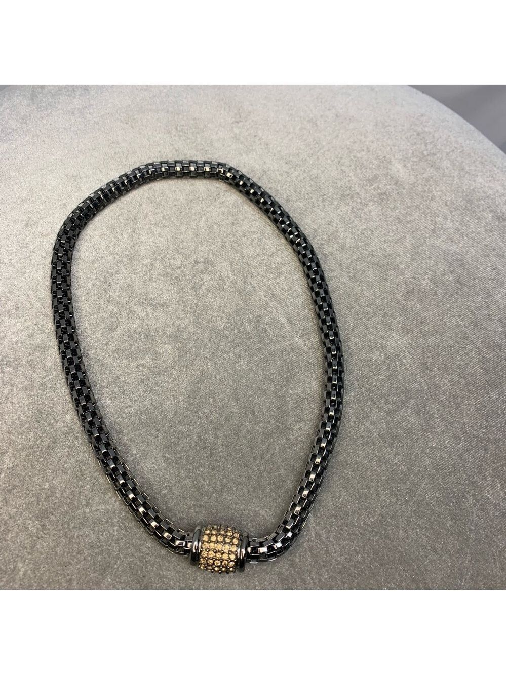Dark chrome gunmetal chain tubular link crystal rhinestone magnetic necklace